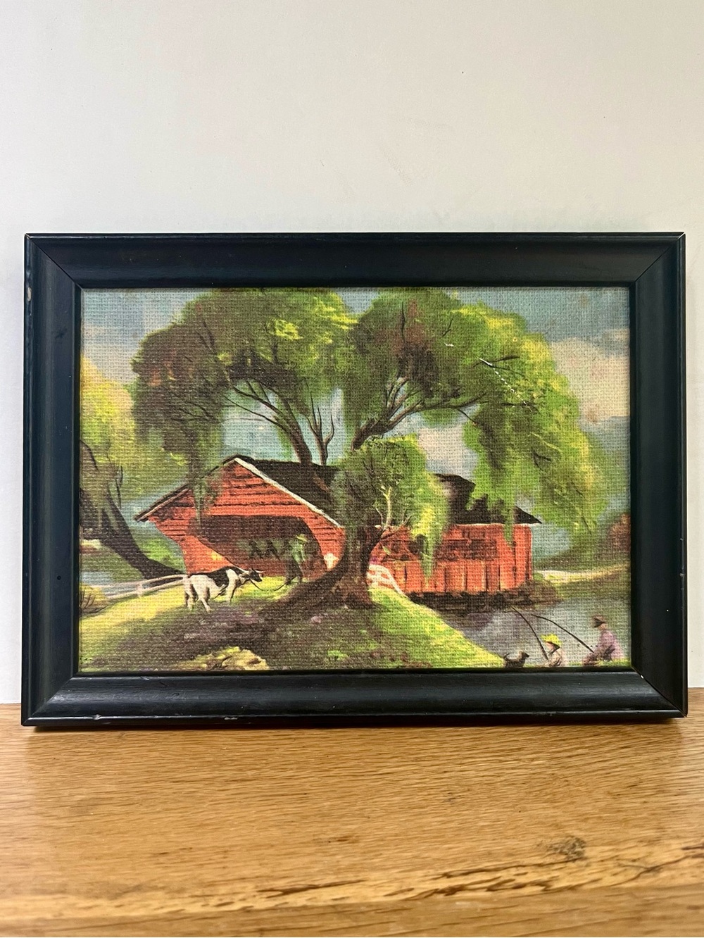 VTG Print on Canvas Covered Bridge Landscape Painting Frans Van Lamsweerde